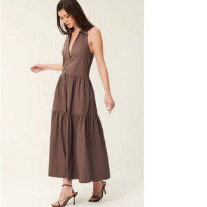 Nicholas Halo Collared Halter Neck Tiered Midi Dress in Mocha, NWT, 0